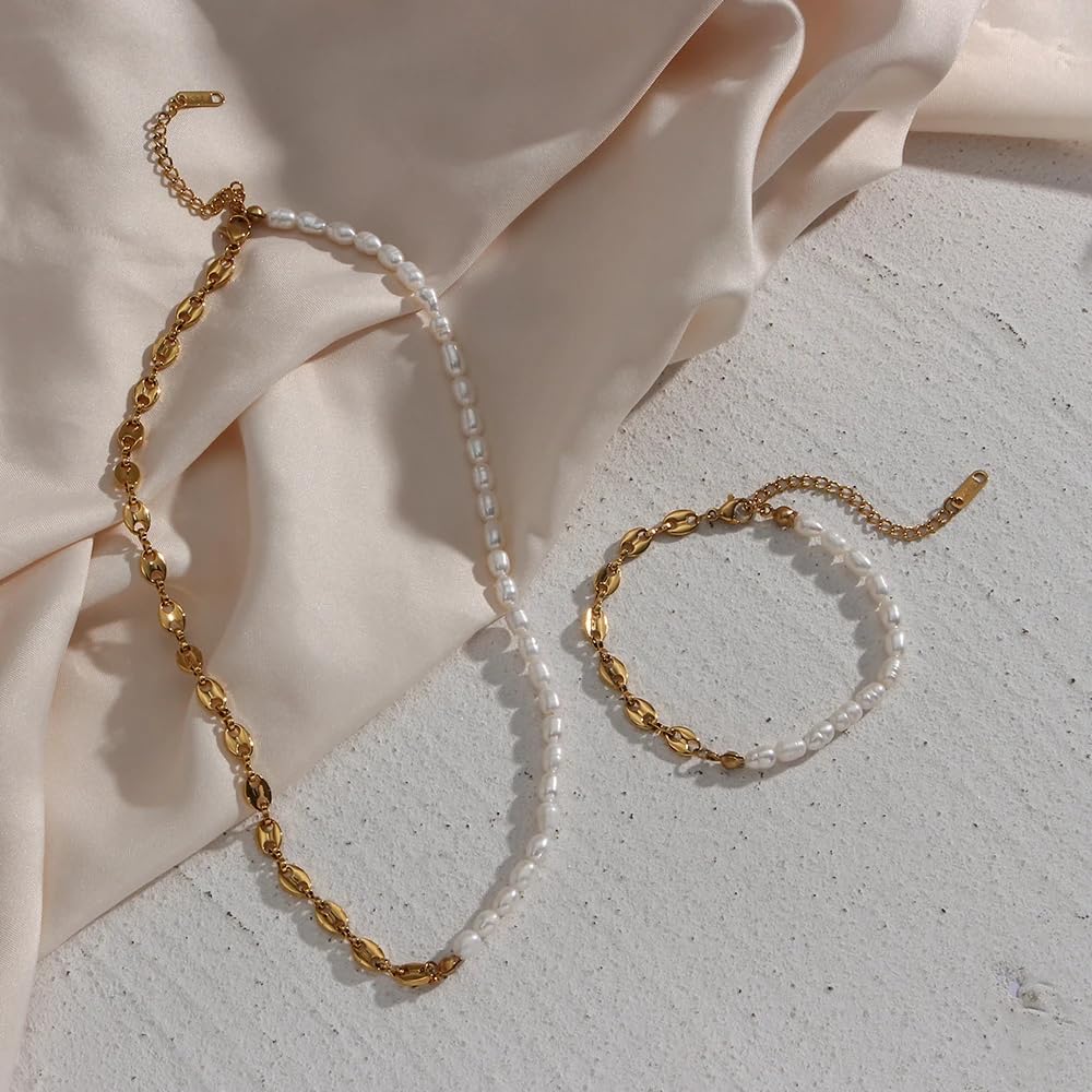 YDYDTTKD Collar de Cadena de Media Perla Natural Vintage de Plata de Ley 925 para Mujeres y Hombres, Conjuntos de Pulseras clásicas-Collar de Agua Dulce,