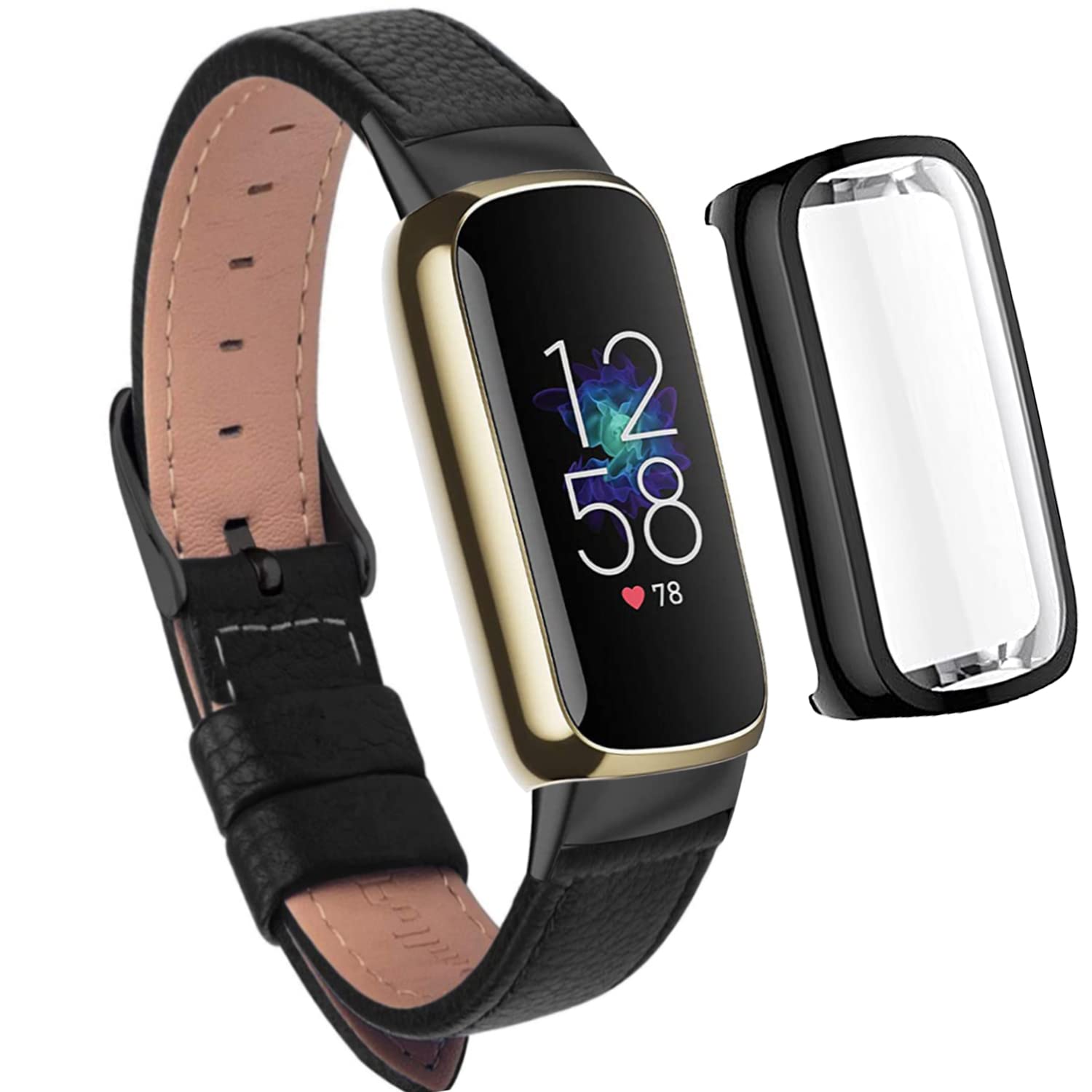 Elegant Slim Leather Compatible with Fitbit Luxe Watch Band,Strap Wristband, Soft Bracelet Replacement, Screen Protector(Black Black)