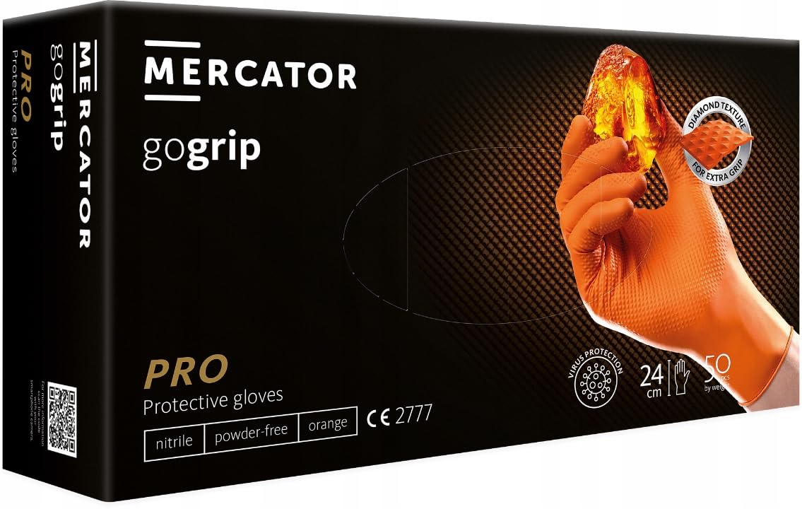 Guantes Nitrilo Go Grip Naranja Talla S (50 Uds) - Sin Polvo, 2 Grosores, Textura Diamante, Resistencia Química