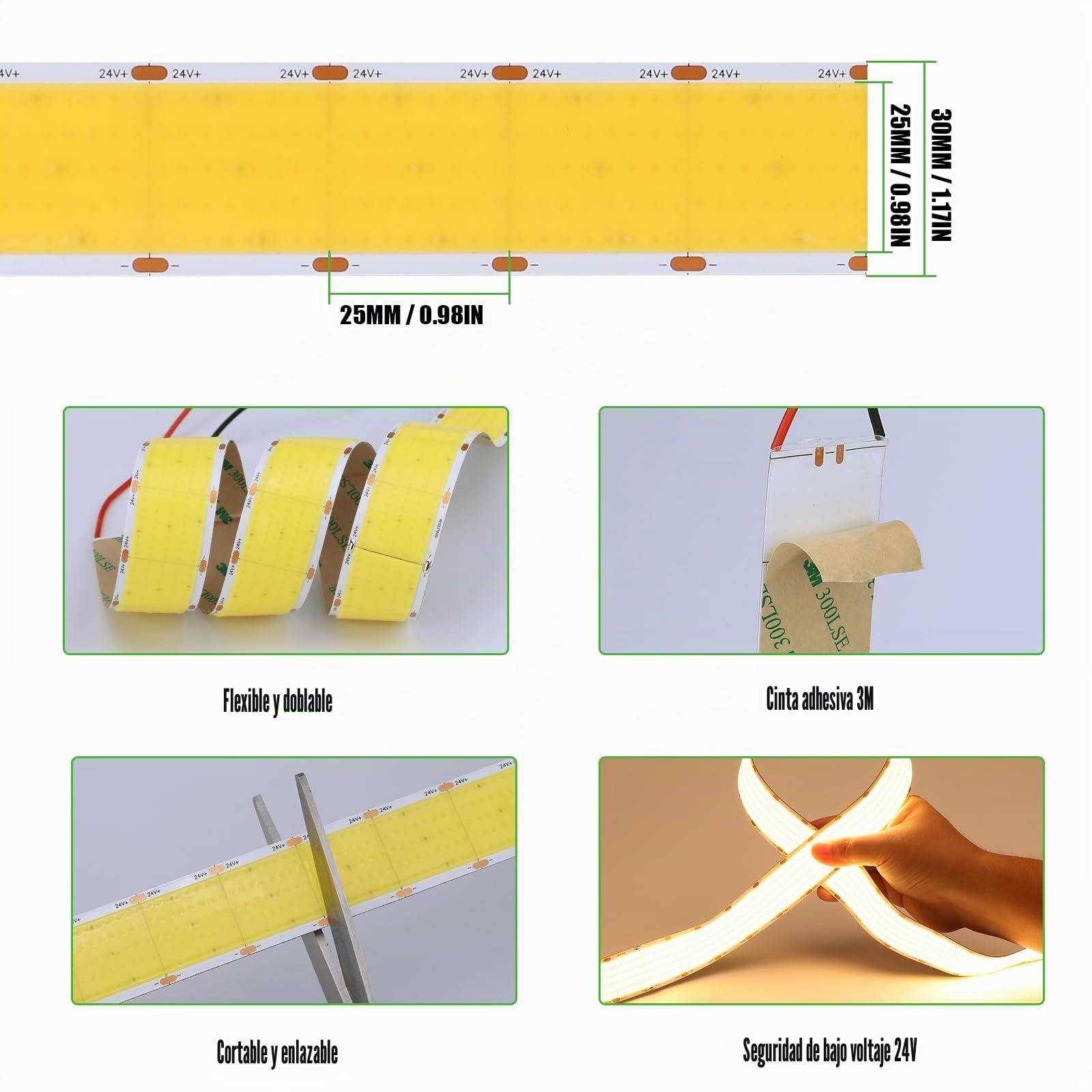 JOYLIT Tira LED COB 5 Filas 24V 5M 4000K 4400 LM/m Sin Puntos Interior | 1600LEDs/M, 40W/M, Ultra Brillante Blanco Natural, 30MM Ancho, CRI 90+, Regulable,Cortable, Autoadhesivo Cinta LED