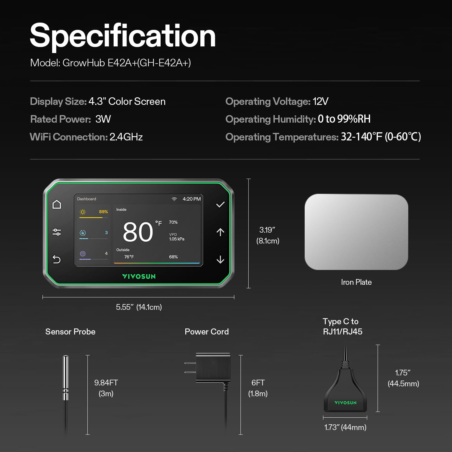 VIVOSUN GrowHub Controller E42A+ para Grow Tent, Controlador Ambiental Smart WiFi con Temperatura, Humedad, VPD, Temporizador y Programación de Ventilación e Iluminación