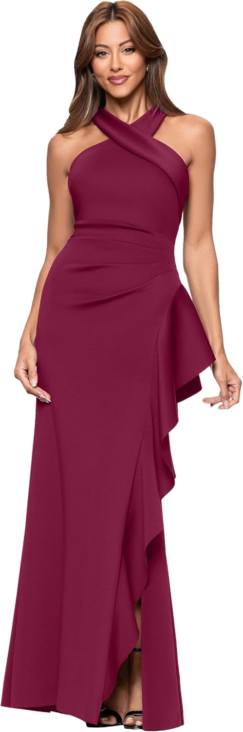 Xscape Women's Long, Ruched Bodycon Low-Sheen Cross Front Halter Neck Evening Dress with Ruffle Detail
