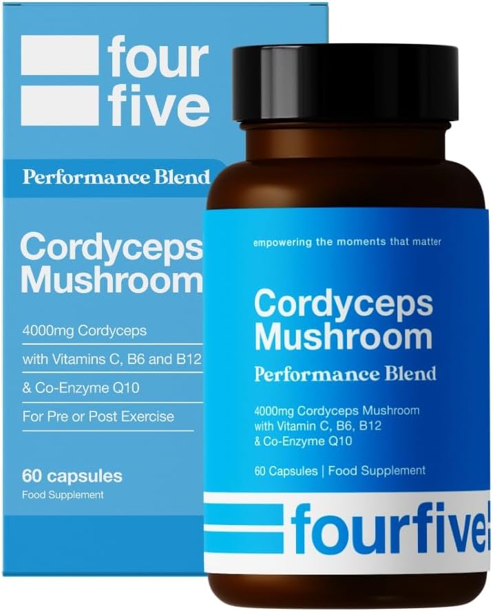 fourfive Cordyceps Mushroom Supplement (4000mg) Performance Blend with CoQ10 and Vitamins C, B6 and B12, Support Physical Performance, Energy & Recovery – 60 Capsules