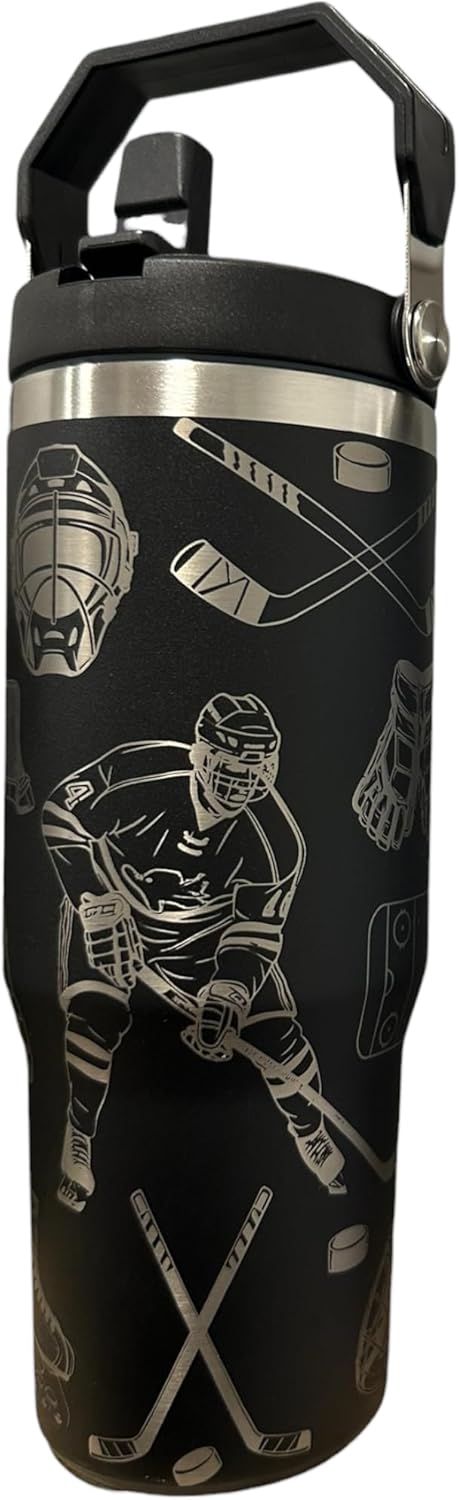 30oz Hockey Tumbler with Handle, Hockey Water bottle, Insulated Stainless Steel Travel Cup, Sports Drinkware for Players Fans, Game Day Hydration Gift, (30oz Black(59)-Hockey(i17))