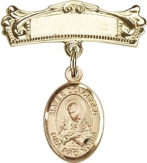 14kt Yellow Gold Baby Badge with Mater Dolorosa Charm and Arched Polished Badge Pin 7/8 X 3/4 inches