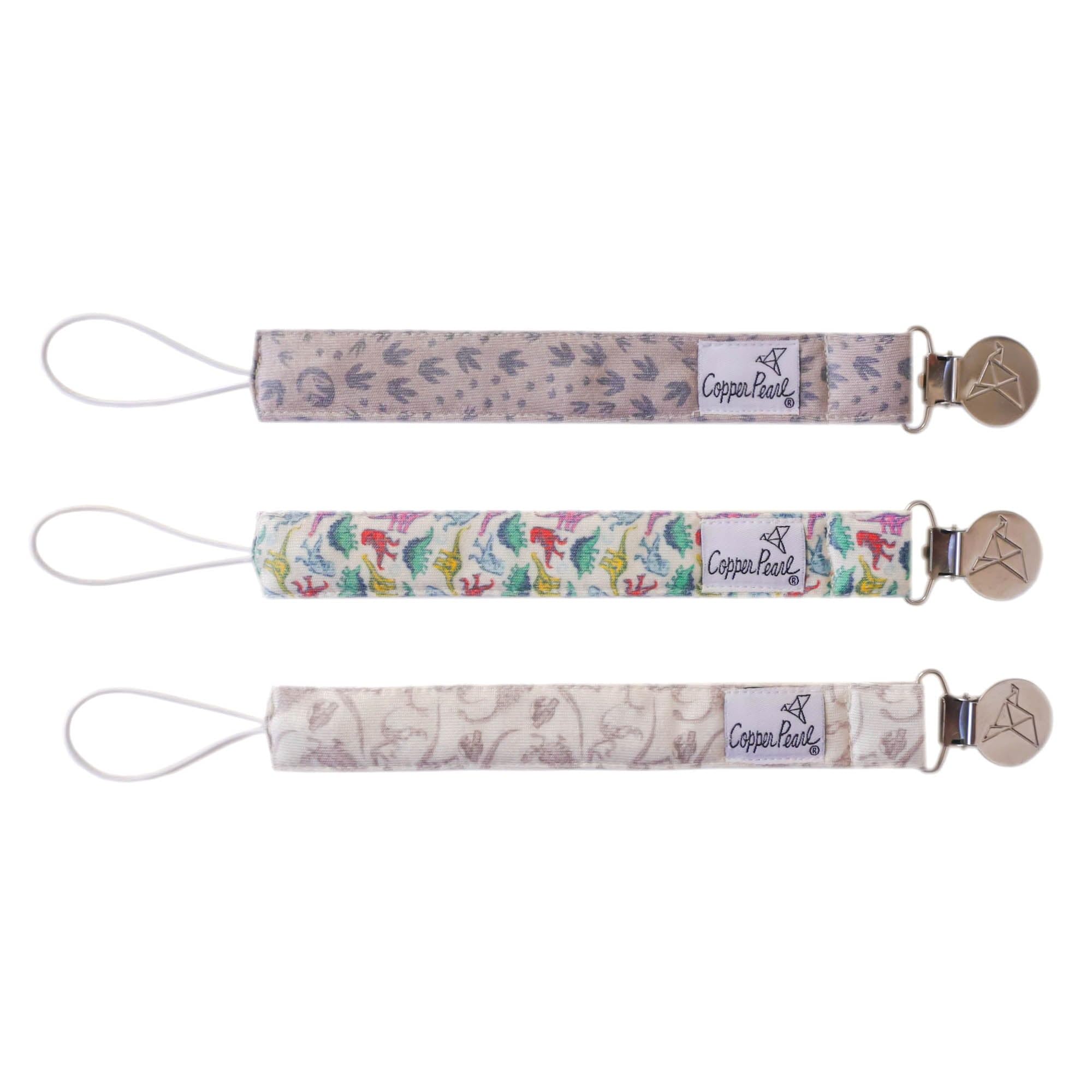 Copper Pearl Pacifier Clip 3-Pack: Premium Knit Binky Clips for Baby Girls and Boys - Stylish Stainless Steel Pacifier Holder Clip - Baby Pacifier Clips for No More Floor Drops - Jurassic Park