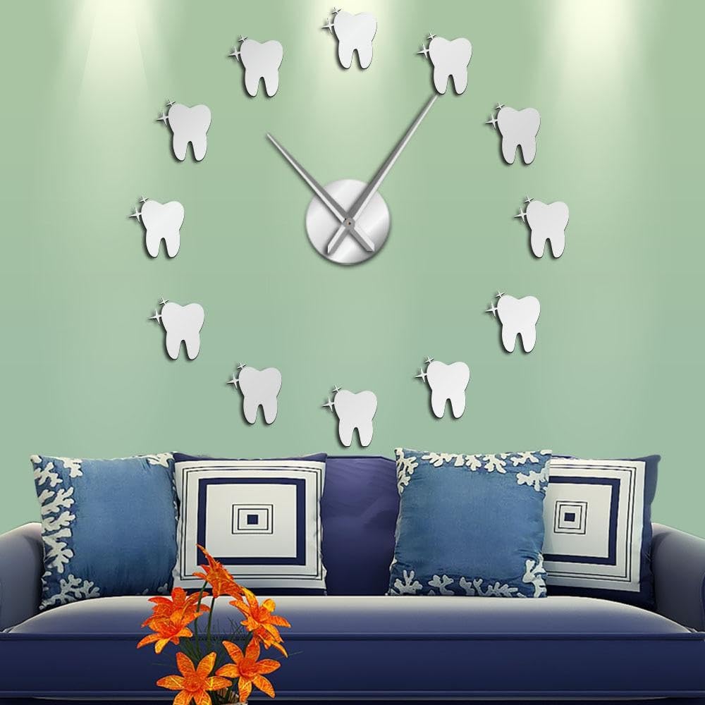 12 Teeth Sticker Dental Tooth Acrylic Clock Kit for Wall Design,3D Frameless Wall Clock with Mirror Stickers for Living Room Decoration-S-37