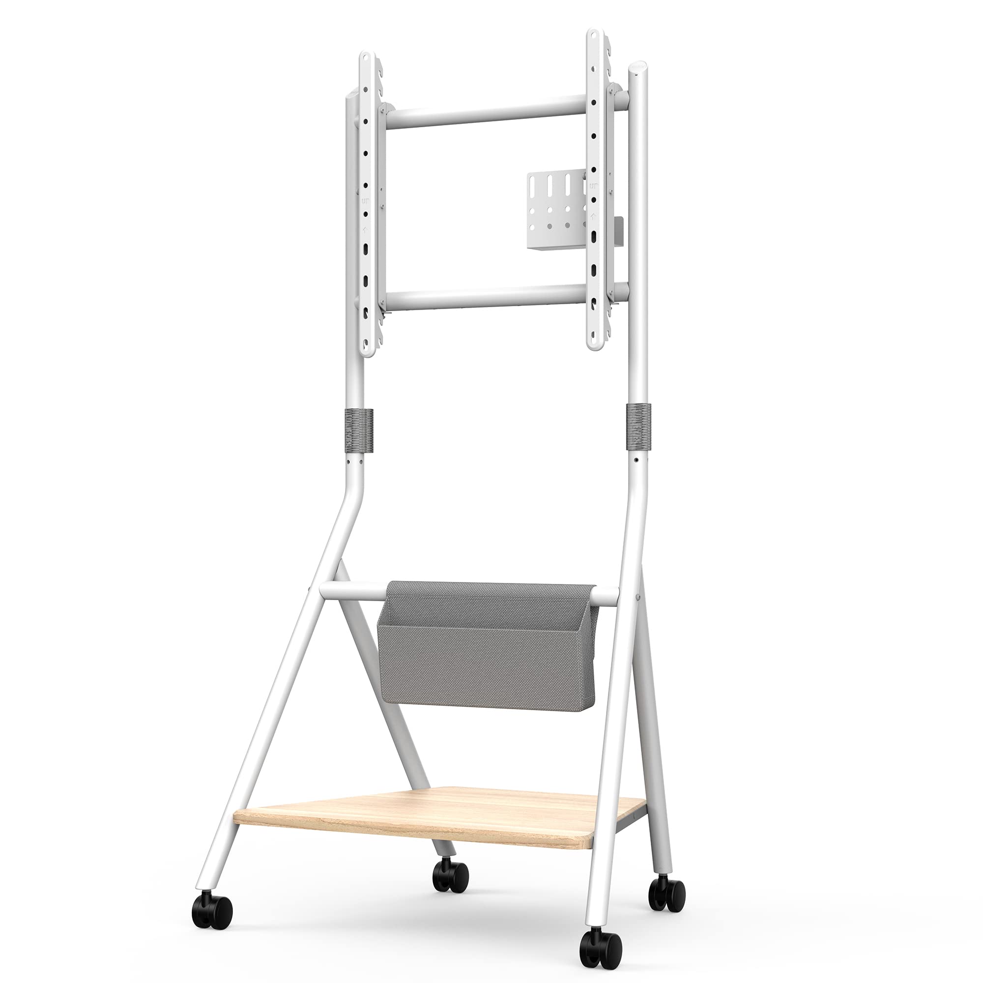 FITUEYES Supporto TV da Pavimento per Schermi 46 50 55 60 65 Pollici con Ruote, Carrello Moderno Mobile TV ad Angolo con Ripiani in Legno, Serie COLLECTOR