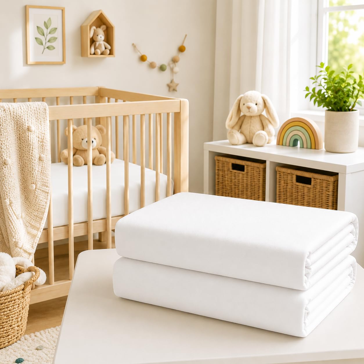 BABYMAM 2 Pack 100% Cotton Jersey Fitted Sheets 140x70cm Cot Bed (White)