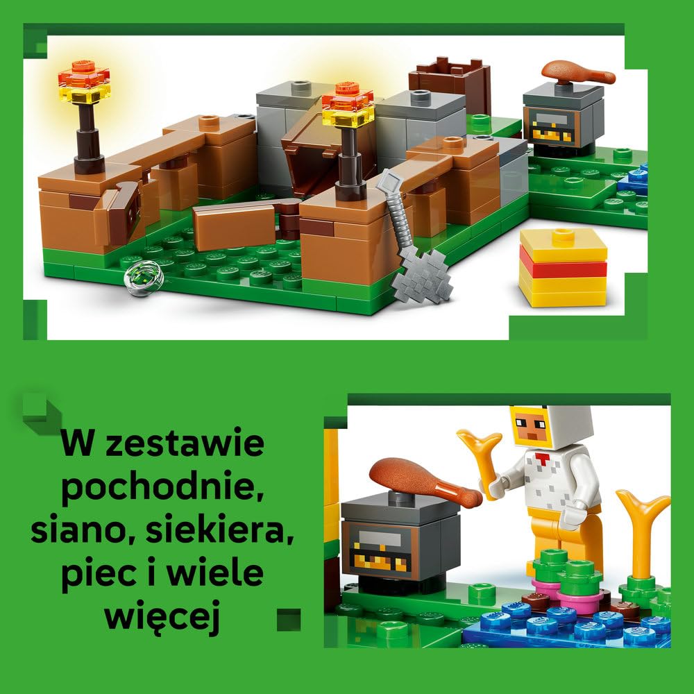 LEGO Minecraft Farma kurczaków, zabawka konstrukcyjna dla chłopca i dziewczynki z figurkami zwierząt i kurnikiem, pomysł na prezent dla 7-latka i gamingowa ozdoba do pokoju dziecięcego 21585