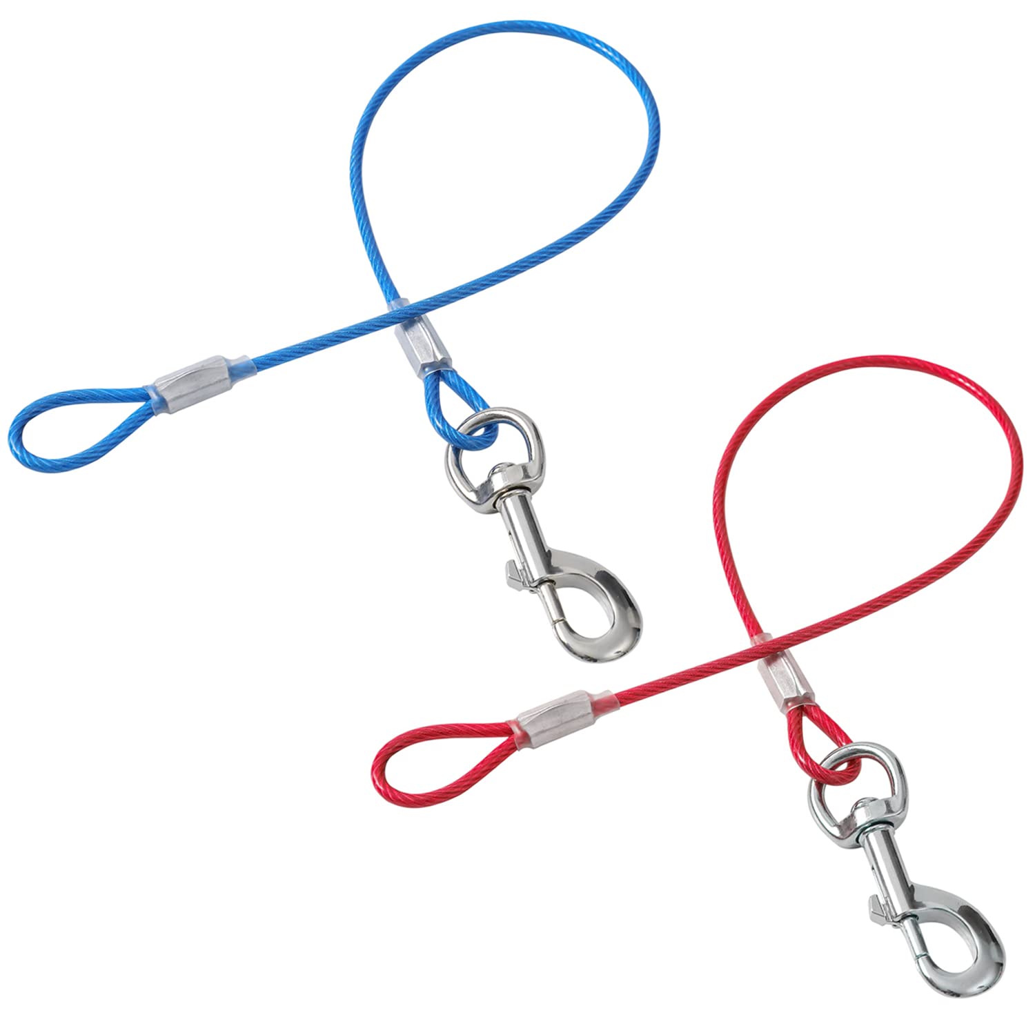 Miao Chuai Chew Proof Dog Leash Extension Lead,24in Metal Cable Lead Non Chewable Braided Cord Non-Tangle Connect Leash for Any Leash & Collar & Harness,Chew Resistant (2Pack Blue+Red, 24 inch/60cm)