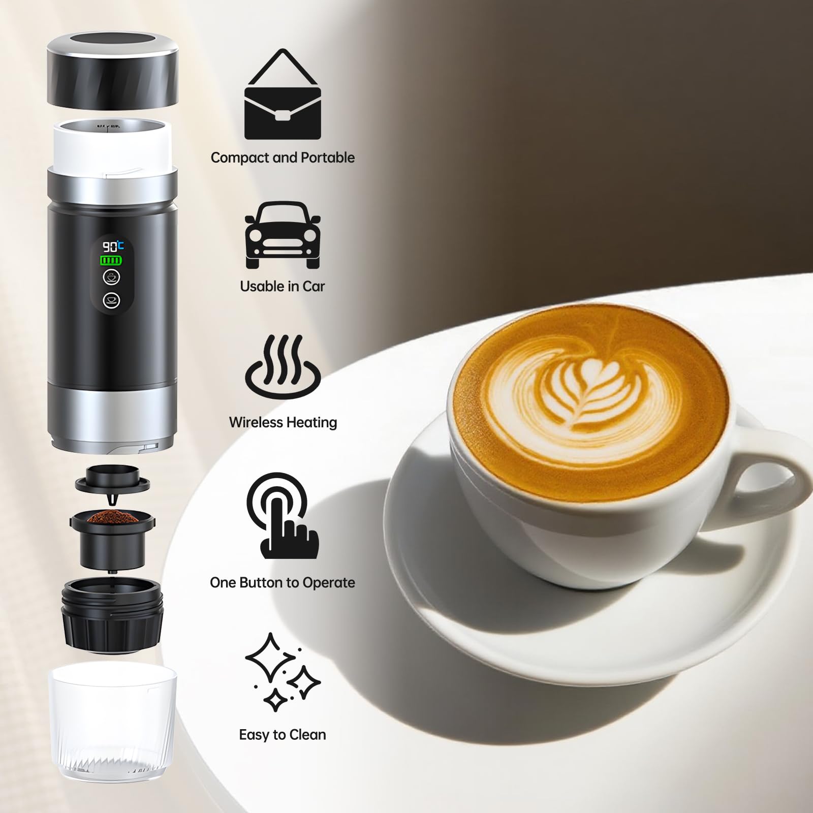 Machine à Café Portative pour Voiture,Cafetière de Voyage avec Chauffage Électrique USB-C,Compatible avec Capsules NS et Café Moulu,80ml Mini Cafetière pour Camping,Bureau et Randonnée