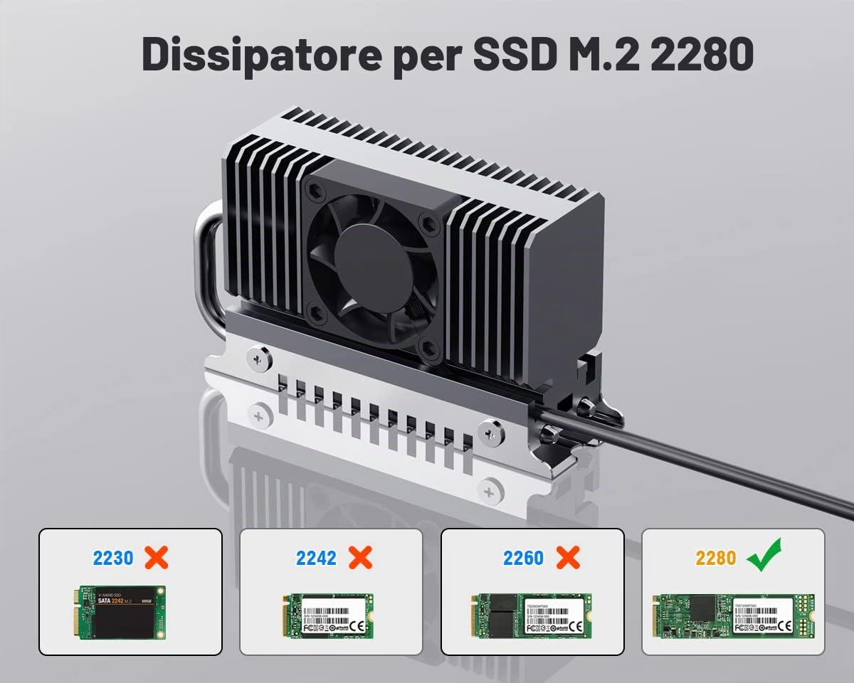 ElecGear EL-80X Dispositivo di Raffreddamento SSD M.2 2280, Ventola di Raffreddamento PWM + Heat pipe + Dissipatore di Calore Heatsink in Alluminio per 80mm PCIe NVMe e SATA SSD con Pad Termico