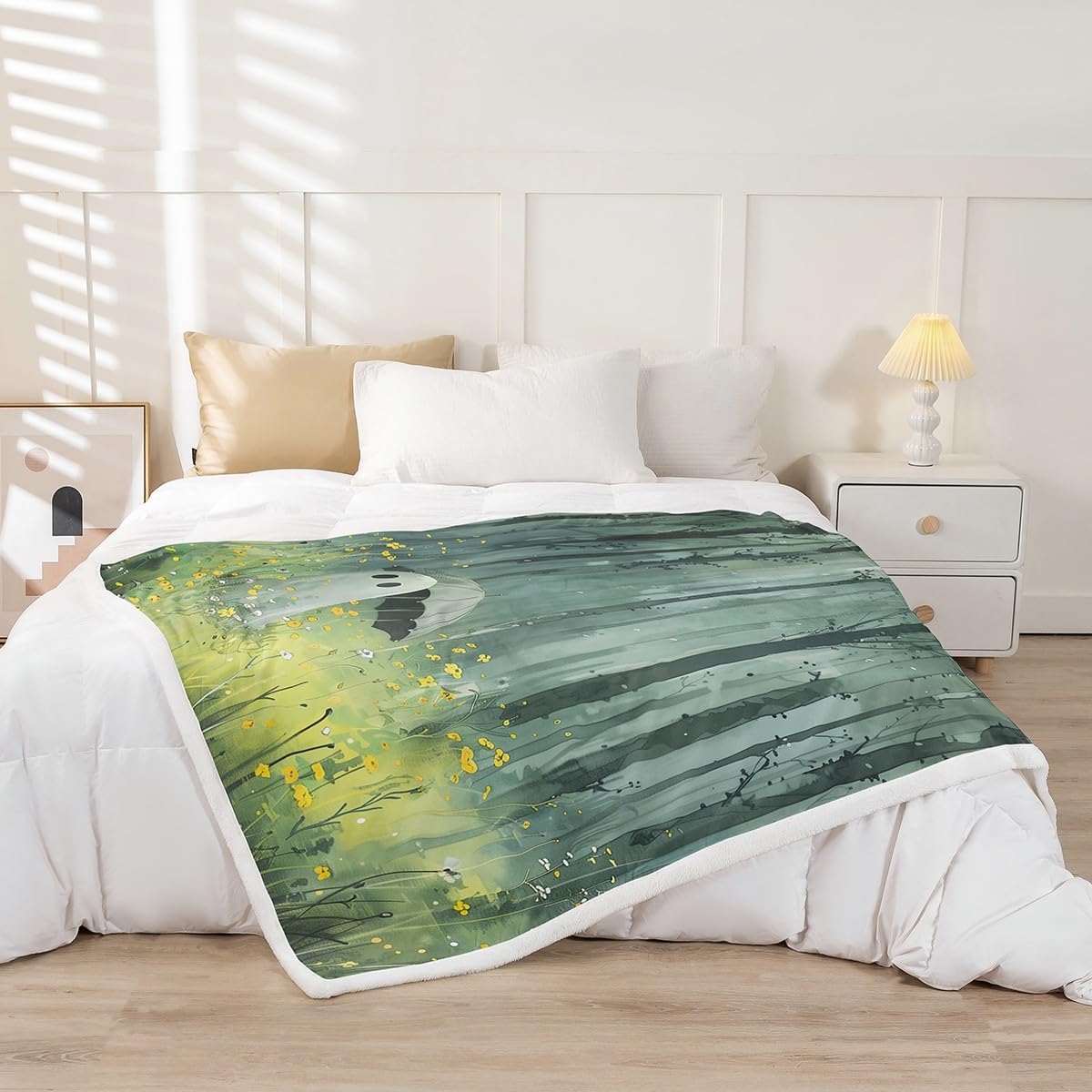 Cartoon Ghost Flannel Blanket,Watercolor Halloween Theme Print Fuzzy Blanket for Children Present,Yellow Floral Green Natural Plant Polyester Throw Blanket for Couch, Twin Size (60 x 80 Inch)