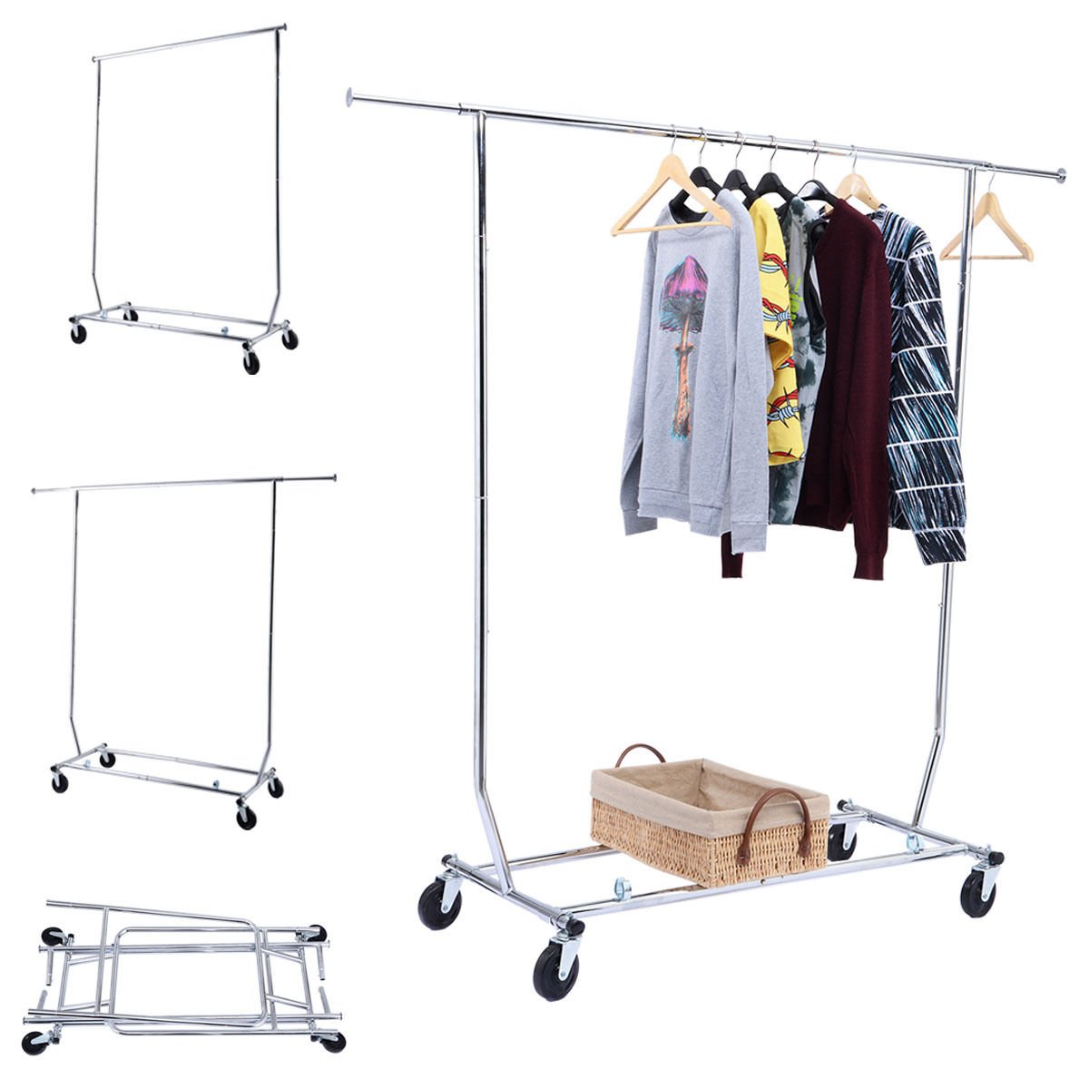 Commercial Grade Rack Clothing Garment Rolling Heavy Duty Collapsible Chrome Hanger 50.7"-74.4" X 65.7"-70.8"X 21.6"