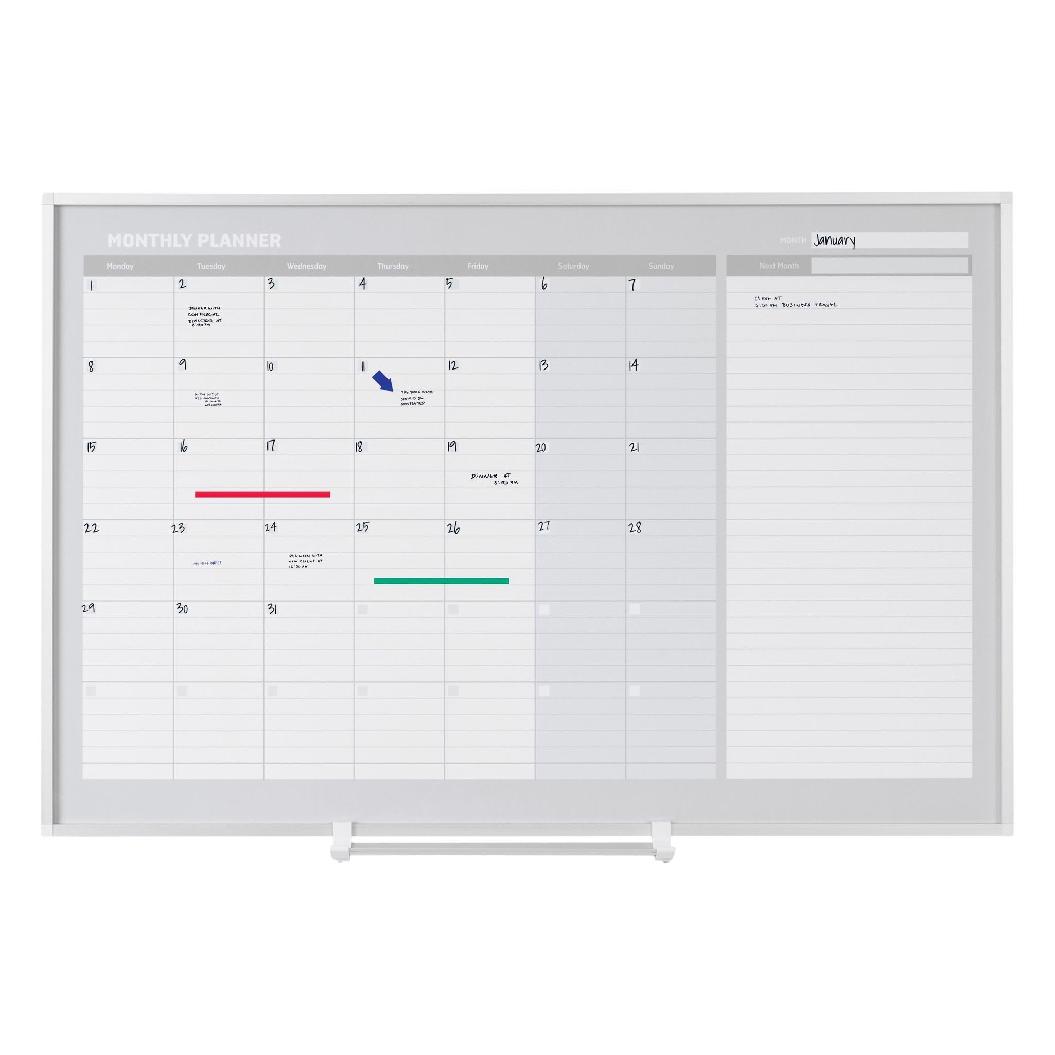 MasterVision Tablica do planowania, magnetyczna, suchościeralna, kalendarz miesięczny z aluminiową ramą, 91 cm x 122 cm, srebrna rama, GA0597830