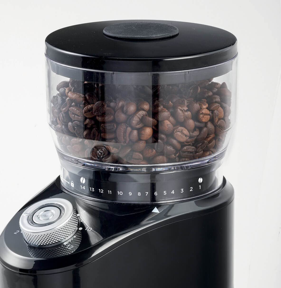 Ariete 3023 Moulin à café 3023, Moulin à café avec meules coniques en acier inoxydable, 200 W, 14 niveaux de broyage, Capacité du réservoir 200 g, 2 à 12 tasses, Noir