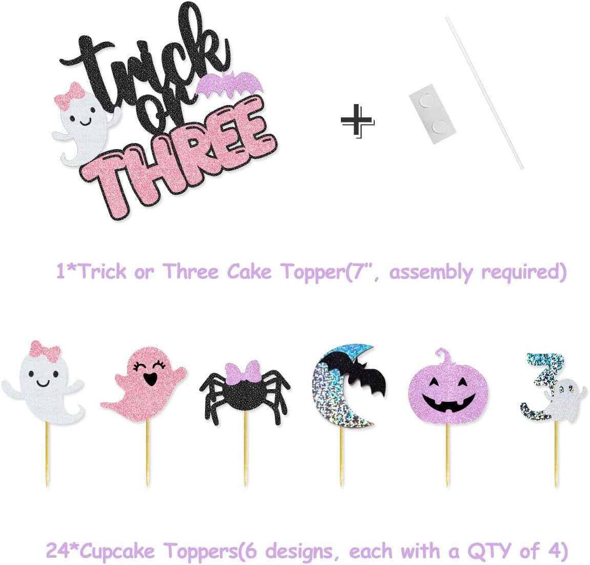 90 Pcs Trick Or Three Party Kit Trick Or Three Banner Cake Topper Halloween Ghost Bat Balloons for Pink Purle Halloween Girl Third Birthday Party Decorations