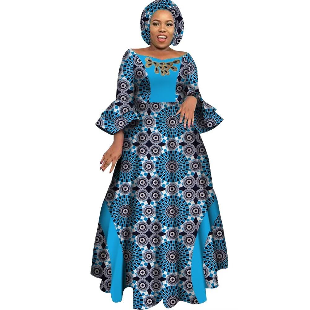 iooiooi Womens African Print Party Maxi Dress Ankara Long Dress &amp; Headwrap