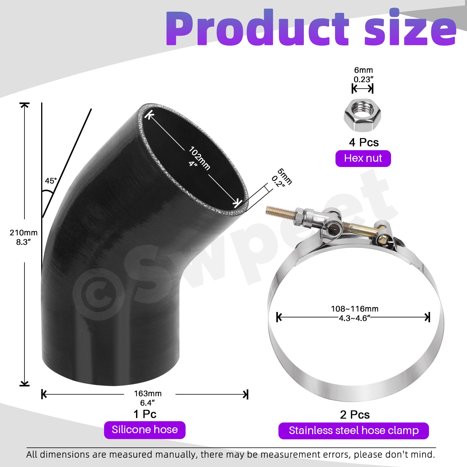 Swpeet 7 piezas manguera de silicona reforzada de 4 capas de 4 pulgadas - 102mm codo de 45 grados con abrazadera de manguera de perno en T de 108-116mm y kit de tuerca hexagonal de 6mm, manguera de