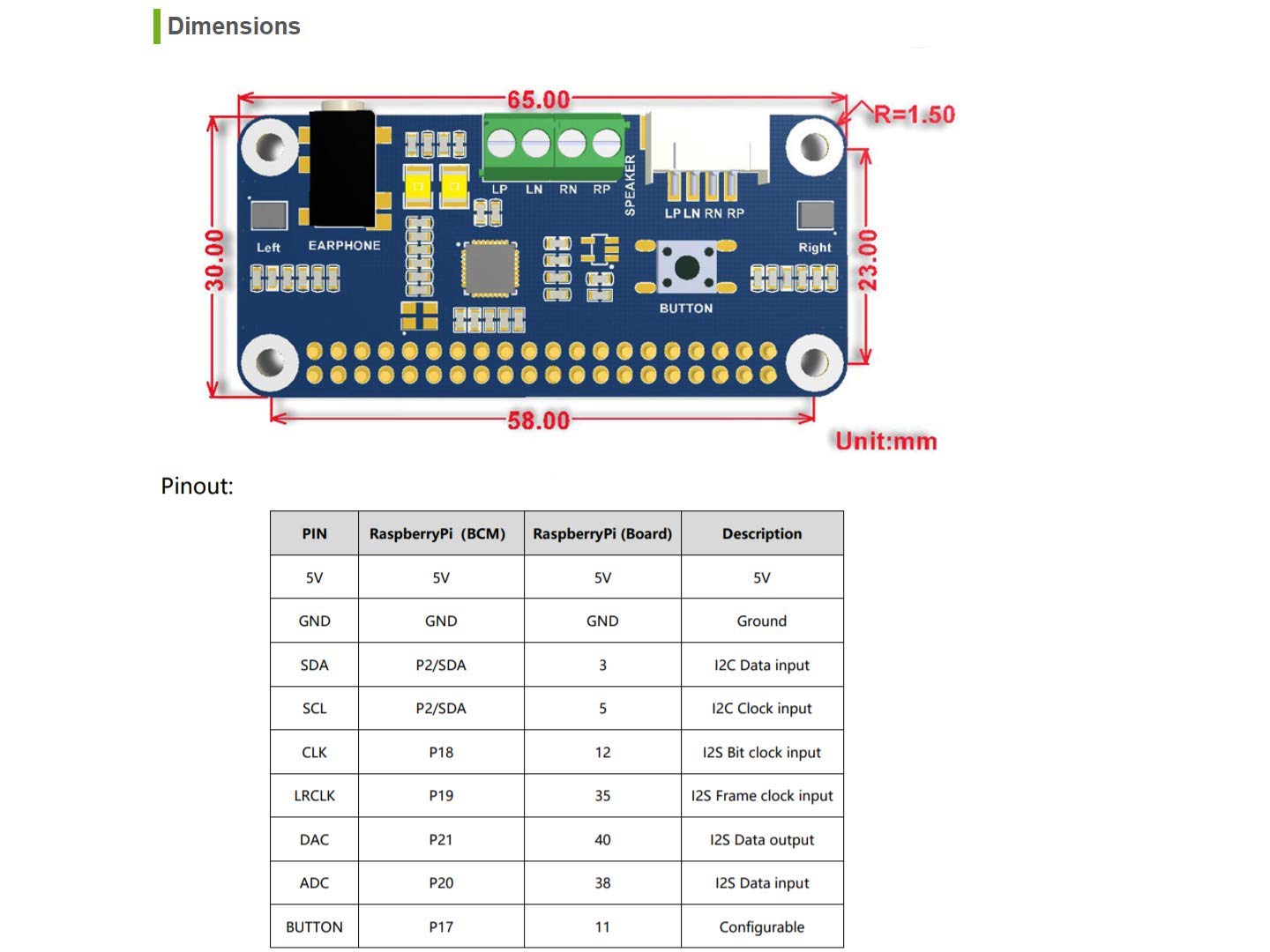 Waveshare WM8960 Hi-Fi Sound Card Hat Audio Module for Raspberry Pi Supports Stereo Encoding/Decoding Hi-Fi Playing/Recording Directly Drive Speakers to Play Music,I2S I2C Interface