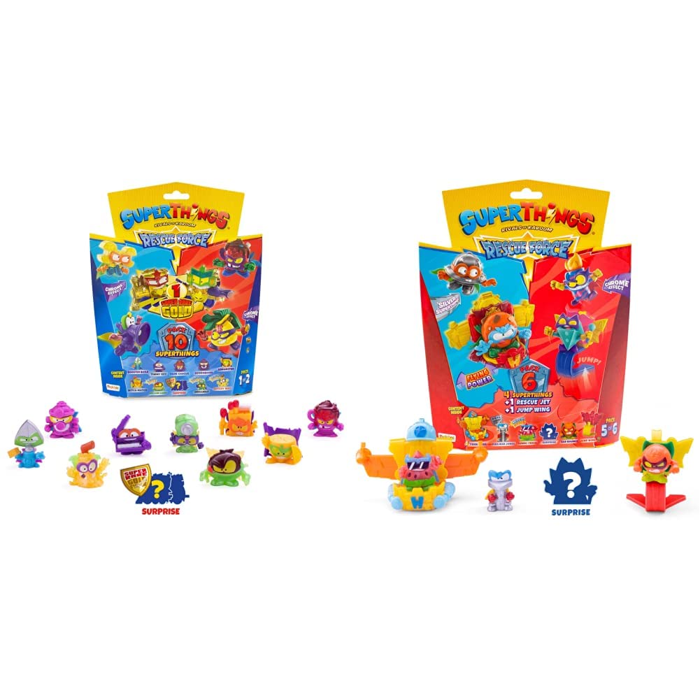 SUPERTHINGS Rescue Force Series – SuperThings 10-Pack, includes 1 super rare gold coloured leader & SUPERTHINGS Rescue Force Series – 6-Pack. Includes 4 SuperThings, 1 Rescue Jet and 1 Jump Wing 5/6