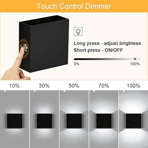 Miniatura 2 de Lightess Juego de 2 apliques de pared LED regulables, funciona con pilas, luz de pared con control táctil recargable, color negro, luces modernas de