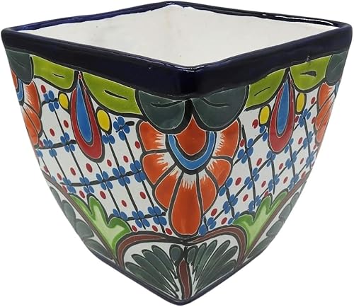Miniatura 4 de Maceta cuadrada grande pintada a mano para interiores y exteriores, figura multicolor (Talavera)