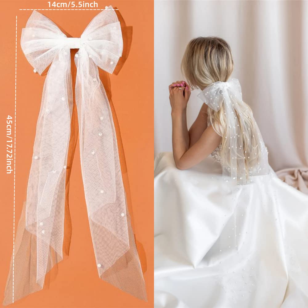 1PCS Bridal Bow Veil Hair Clip Sweet Pearl Bow Bachelorette Party Hair Clips Bridal Shower Hair Hen Wedding Bridesmaid Favors Supplies Phot