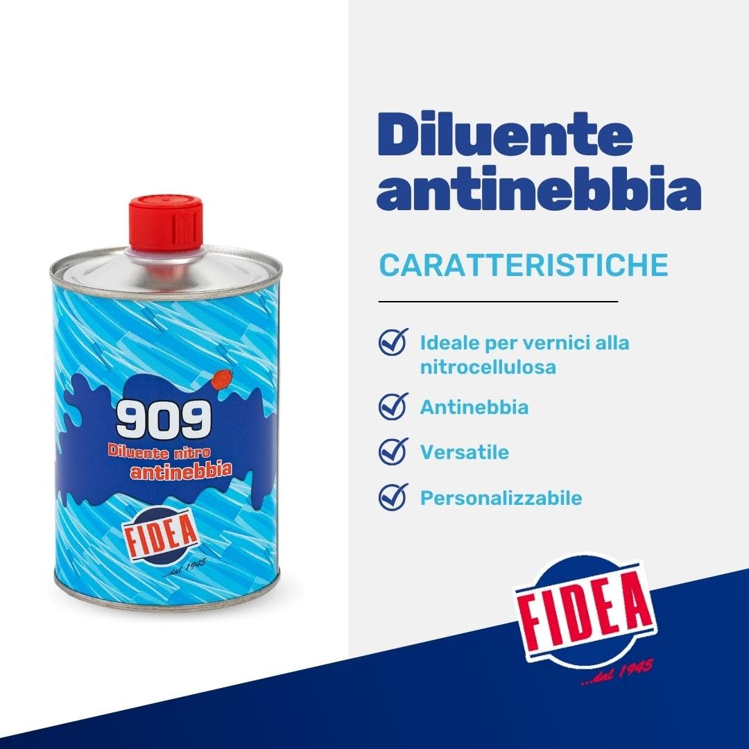 Fidea Diluente Nitro Antinebbia 909, solvente per vernice e smalti, detergente per pennelli pulizia aerografi e pistole per verniciatura, professionale, diluizione smalti e vernici nitro (500 ML)