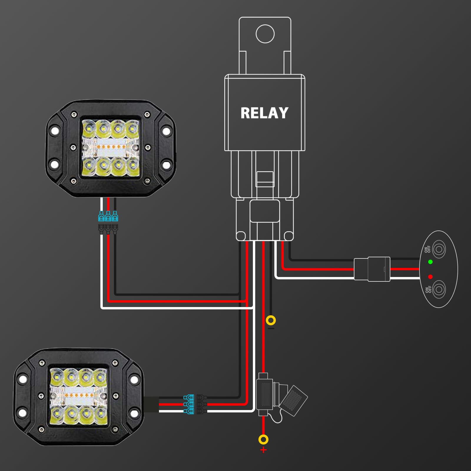 Kit de Cableado para Barra LED Multicolor (Ámbar/Blanca) - Encendido/Apagado, Relé 12V 40A, Cable Automotriz 18AWG con Fusible de Hoja, Luces Niebla/Trabajo, Off-Road, ATV, SUV (para 2 luces)