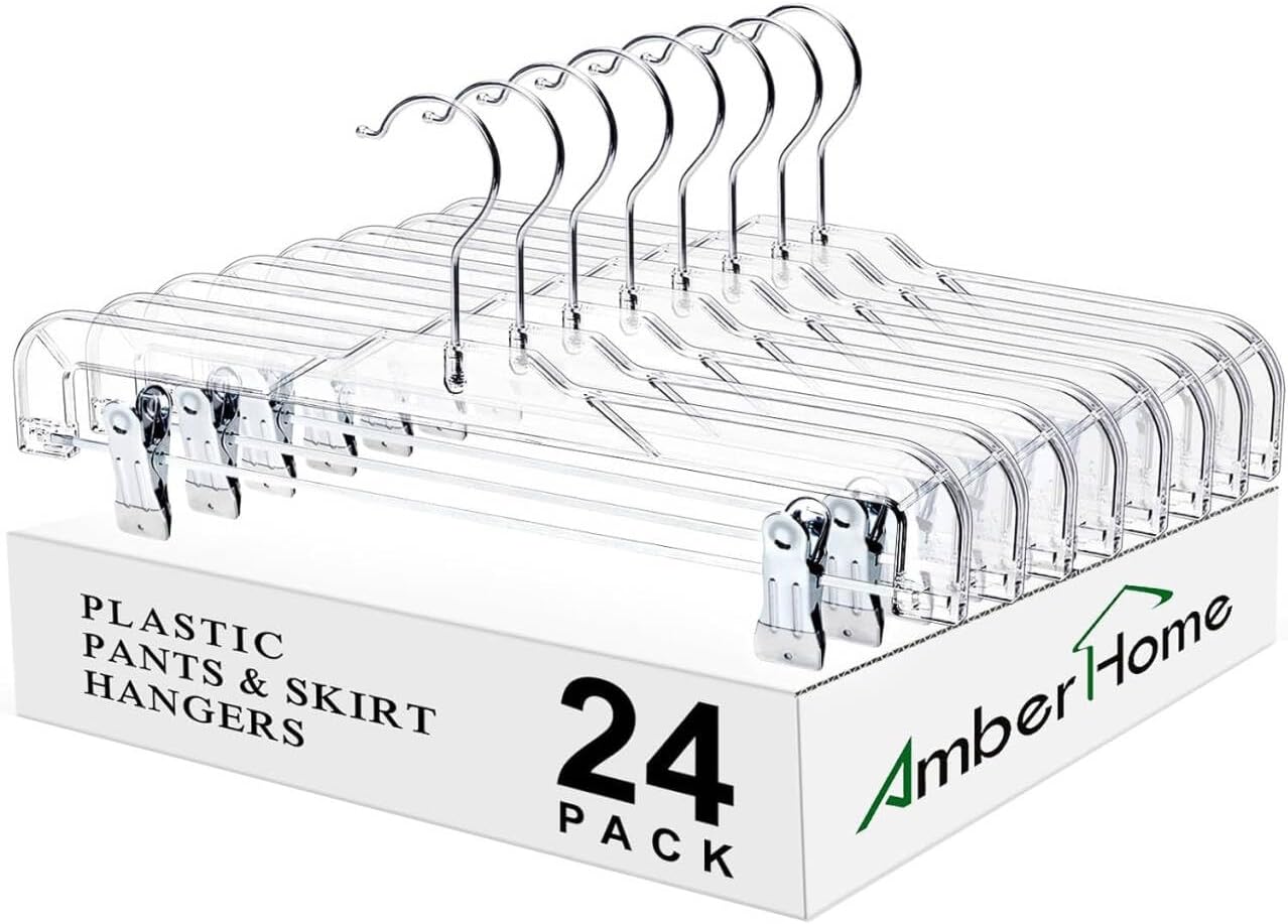 Amber Home 24 Pack Clear Plastic Jeans Pants Skirt Hangers, Bottom Hangers with Adjustable Clips & 360 Swivel Hook, Crystal Clear Plastic Clothes Hangers for Jeans, Pants, Skirts, Short