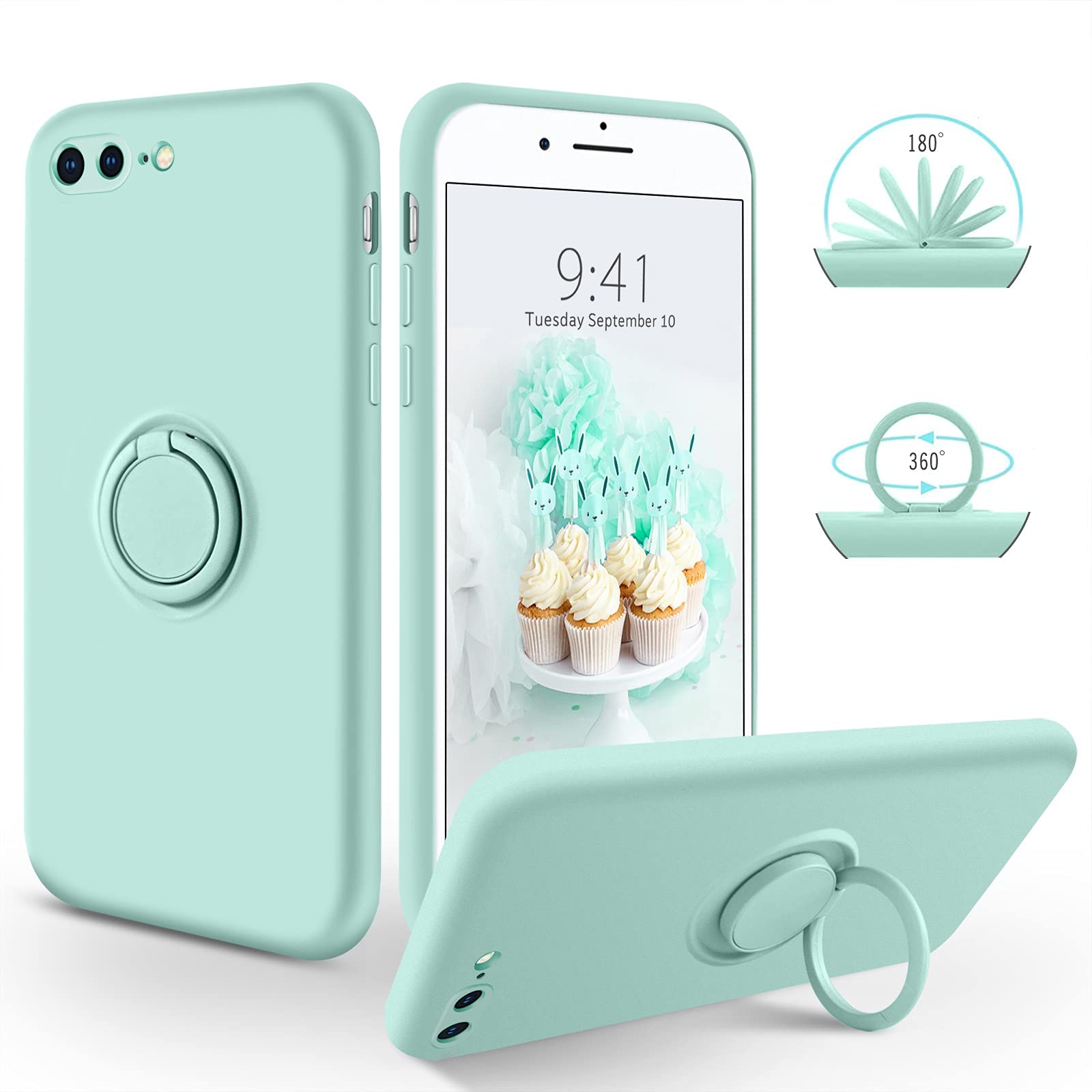 SouliGo iPhone 8 Plus Case, iPhone 7 Plus Case Silicone Gel 360° Ring Holder Kickstand for Magnetic Car Mount Soft Rubber Anti-Scratch Slim Protective Shockproof Phone Cases 5.5" - Light Green