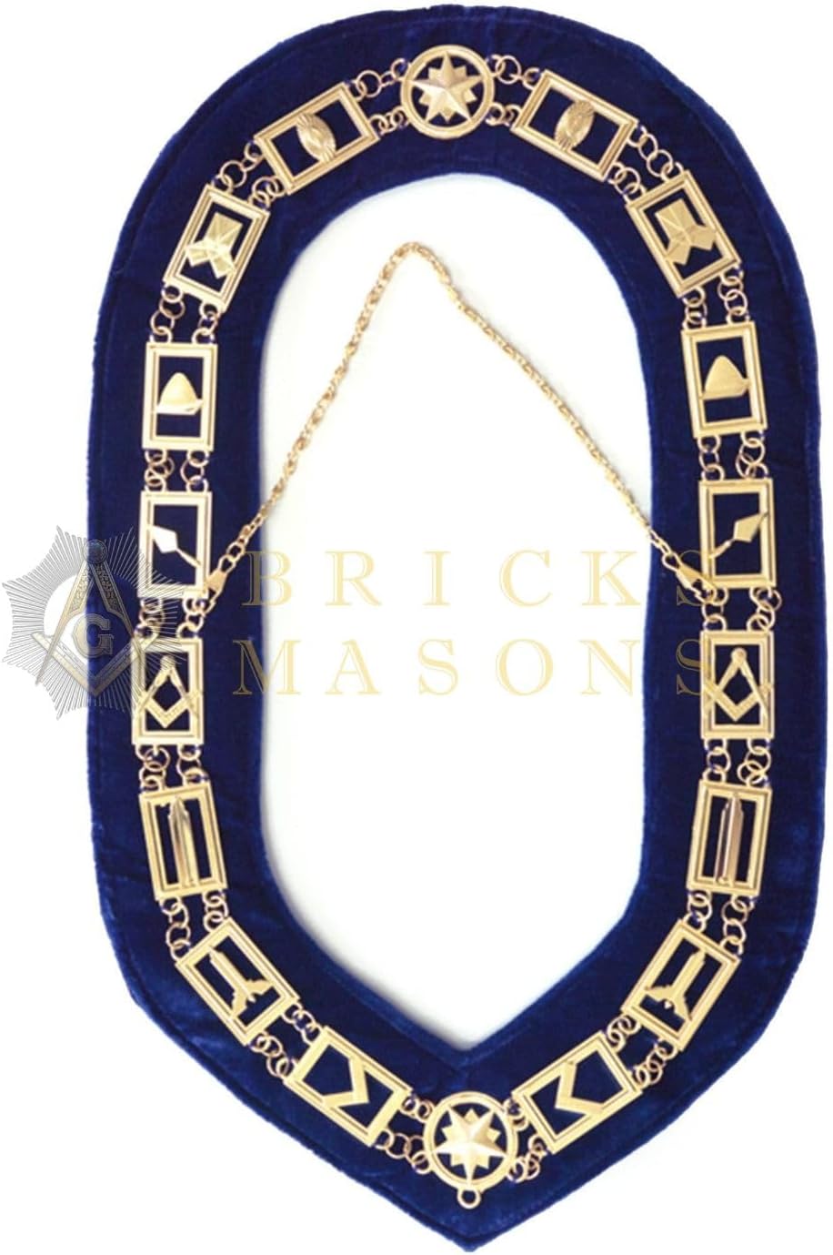 Bricks Masons Blue Lodge Working Tools - Chain Collar - Gold/Silver On Blue