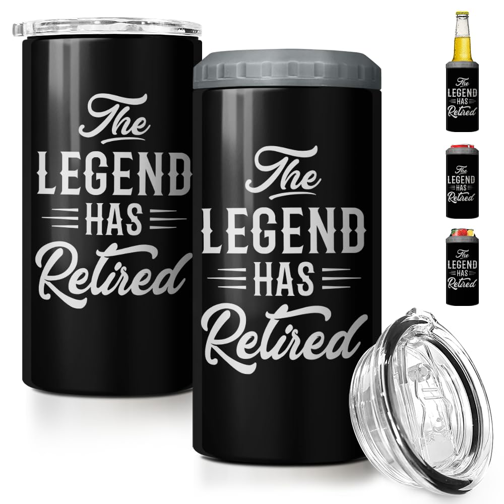 SANDJEST The Legend Has Retired 4-in-1 Design Tumbler Cup Can Cooler - 12oz Stainless Steel Insulated Cans Coozie Travel Mug Christmas, Birthday, Happy Retirement Gifts for Coworkers, Colleagues, Men