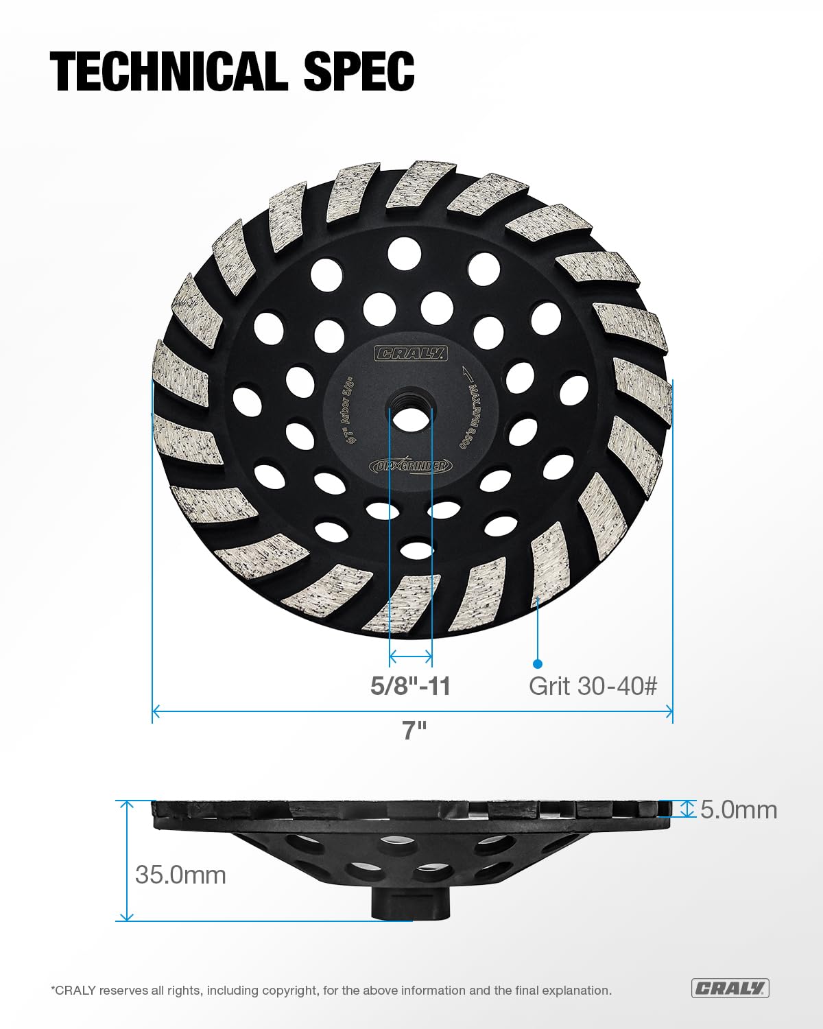 CRALY 7 Inch Concrete Grinding Wheel for Angle Grinder, 5/8''-11 Threaded Arbor Turbo Diamond Cup Grinding Wheel for Marble, Stone, Granite, Masonry, Cement Surface Polishing, Cleaning & Removal