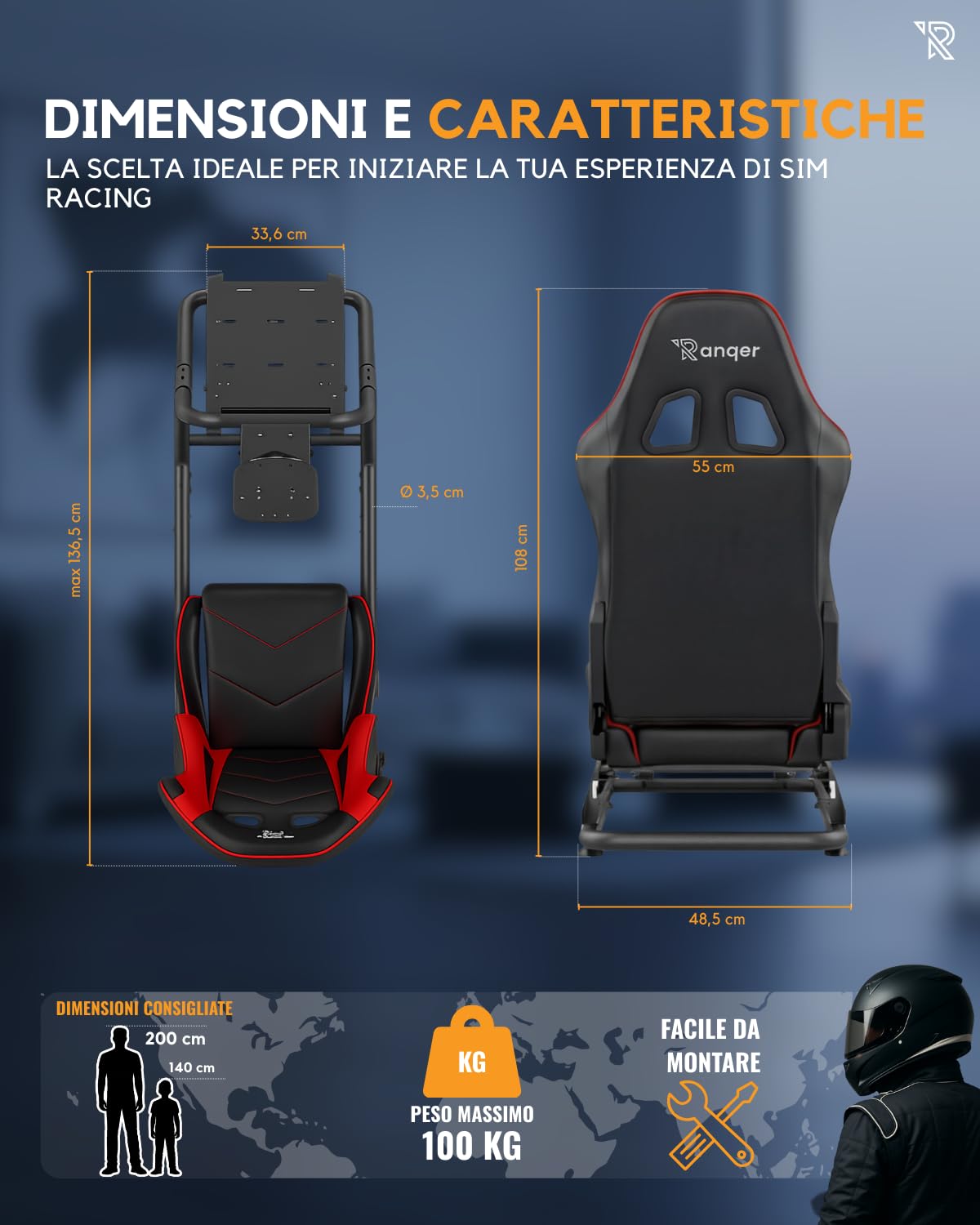 Ranqer Simulator Racing Seat Regolabile In Pelle PU Con Telaio Metallico, Compatibile PC PlayStation Xbox E Volanti Fanatec Logitech MOZA Simagic Thrustmaster, Posizione Di Guida Perfetta