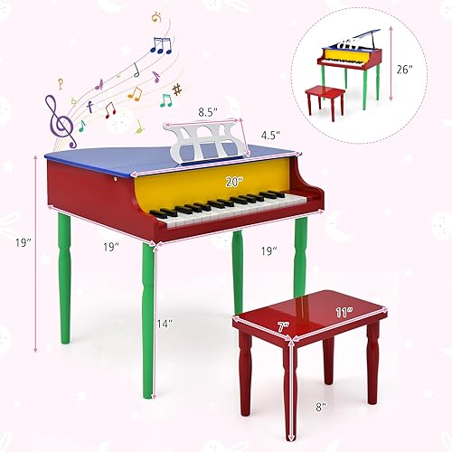 Miniatura 6 de Costzon Piano clásico para niños, piano de cola de madera de 30 teclas con soporte de música y banco, mini juguete musical para niños, ideal para