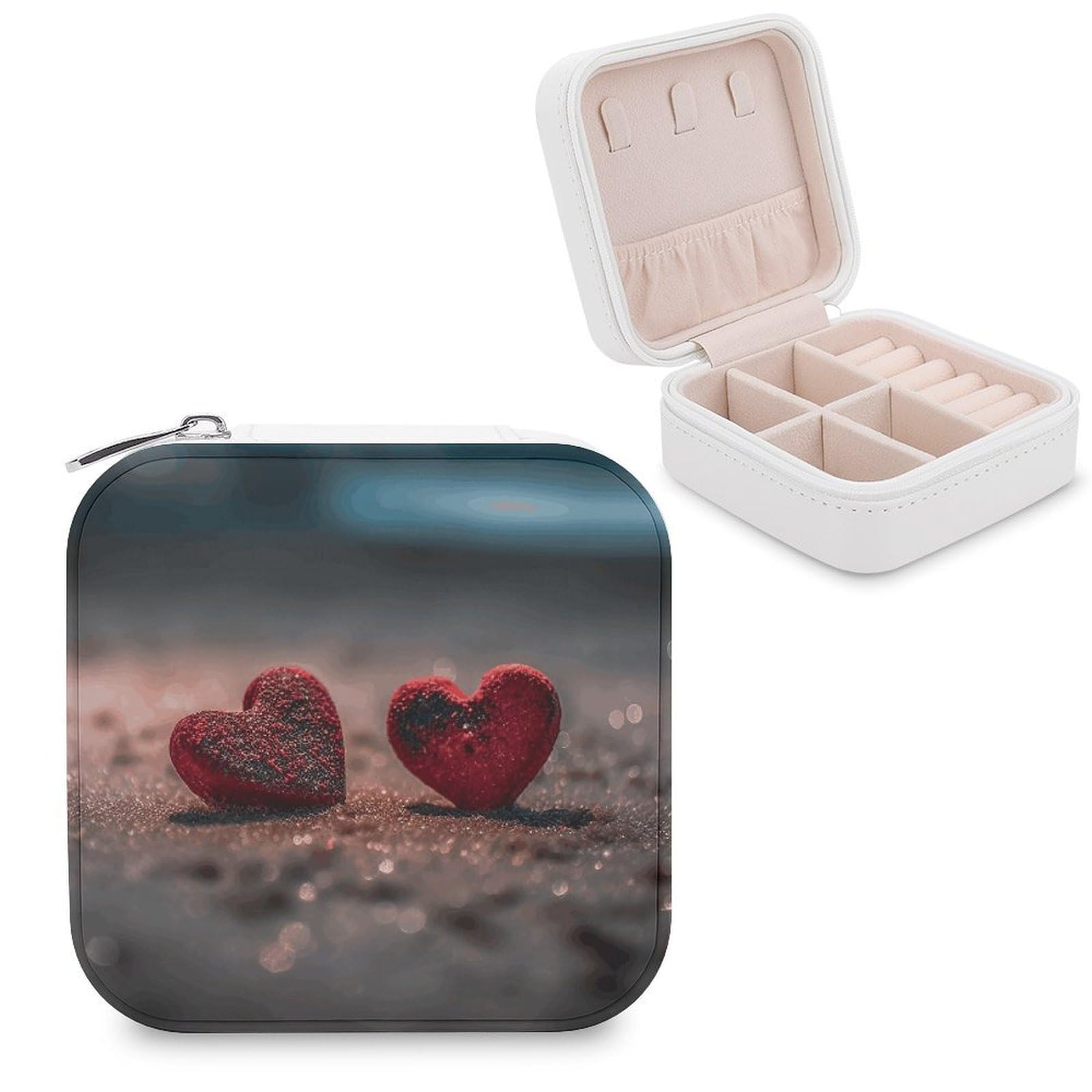 JTREHY Travel Two Shaped Hearts Jewelry Case Portable Display Storage Box PU Leather Mini Jewelry Travel Case Personalized Travel Jewelry Organizer Small Jewelry Box for Women