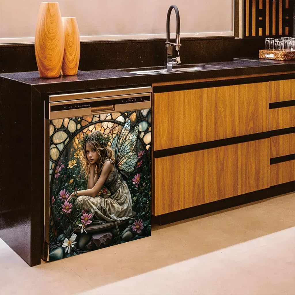 2D Flat Fairy Garden Dishwasher Magnetic Cover Fantasy Flower Fairy Appliance Panel Magnet for Dishwasher Refrigerator Washer Enchanted Cottage Kitchen Decor 23x26 Inch image 3