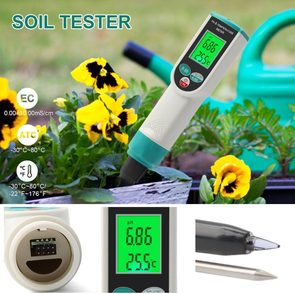 KEULEN Rilevatore di Terreno 2 in 1, Tester Digitale per PH/Temperatura del Terreno con Display LCD Retroilluminato, Misuratore di PH, Misuratore di Temperatura del Suolo, Sonda Ad Alta Precisione