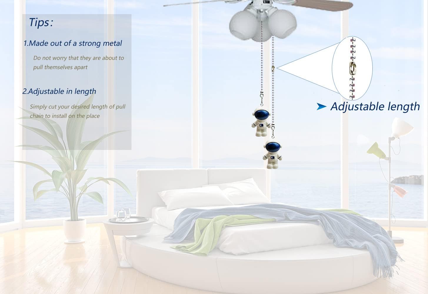 12 inch Ceiling Fan Pull Chain Mini Blue Spaceman Charm Pendant Ceiling Fan Danglers Fan Pulls Chain Extender with Ball Chain Connector for Ceiling Fan Light Decoration