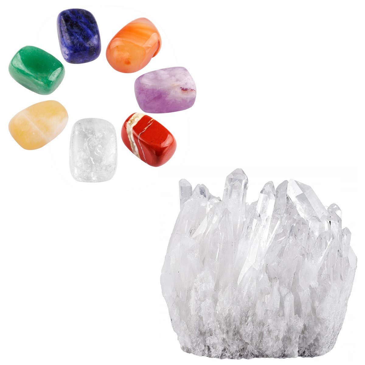 mookaitedecor Pointe Cristal de Roche Naturelle Brute Druse Quartz Blanc & 7 Chakra Pierres Polie Lithotherapie,Cristaux Mineraux Collection Décoration