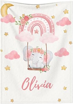 Personalized Baby Blanket with Name Custom Throw Customized Name Receiving Swaddle Blanket for Girls Boys Infant Newborn Toddler Kids 16-Elephant Rainbow
