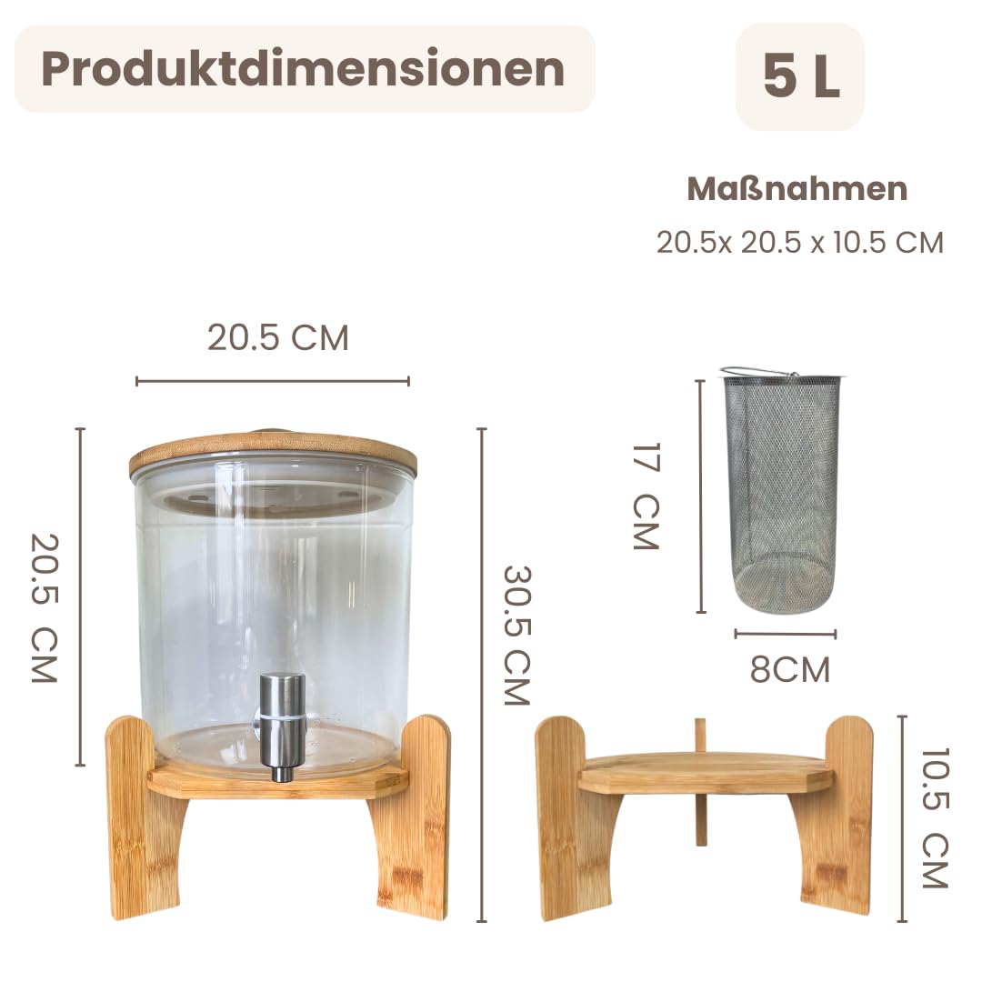Getränkespender aus Glas mit Hahn, therapeutischen Steinen, Deckel und Ständer aus Bambusholz, inklusive Filter zum Mischen im Innenbereich, 5 Liter