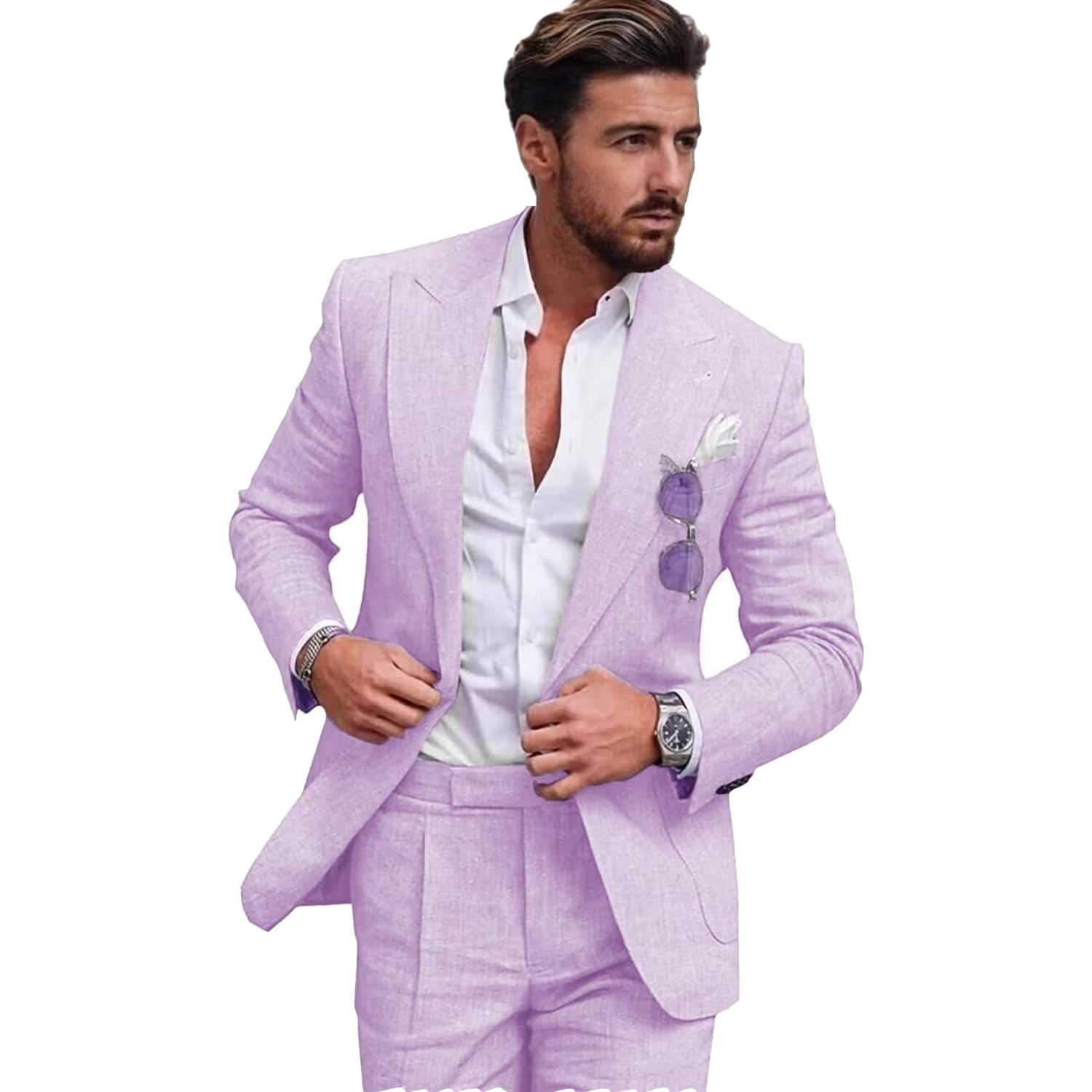Mens Linen Suit for Beach Slim Fit 2 Piece Wedding Tuxedo for Men Casual Blazer Pant Set Prom Party Suit
