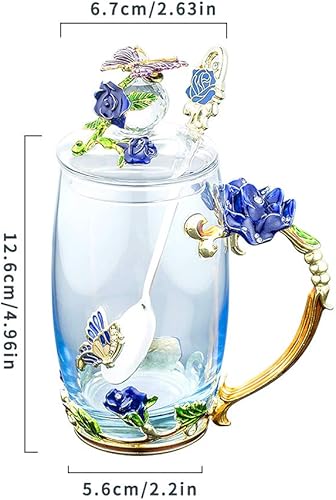 Miniatura 4 de Taza de café de cristal, taza de café vintage 3D artesanal con tapa, posavasos y cuchara de té, diseño único de esmalte de mariposa y rosa azul, la