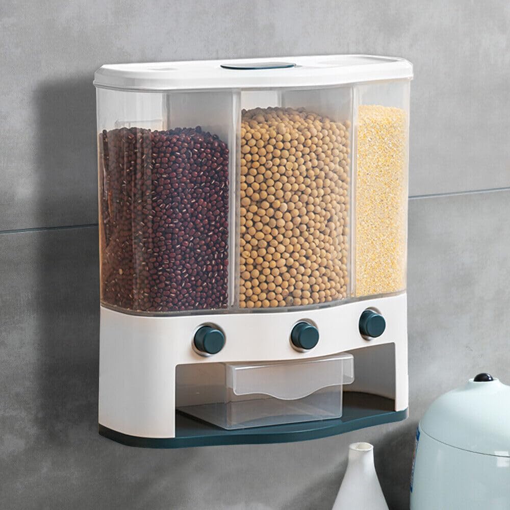 EcoTypee 6L 3Grid Kitchen Dry Food Dispenser Wall Mount Dry Food Storage Container