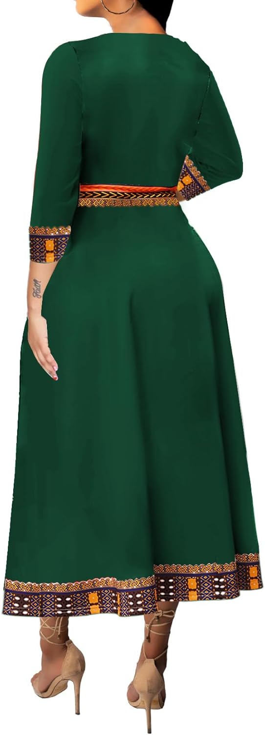 African Dresses for Women Elegant V Neck 3/4 Sleeve Casual Long Maxi African Attire Dress - Image 3
