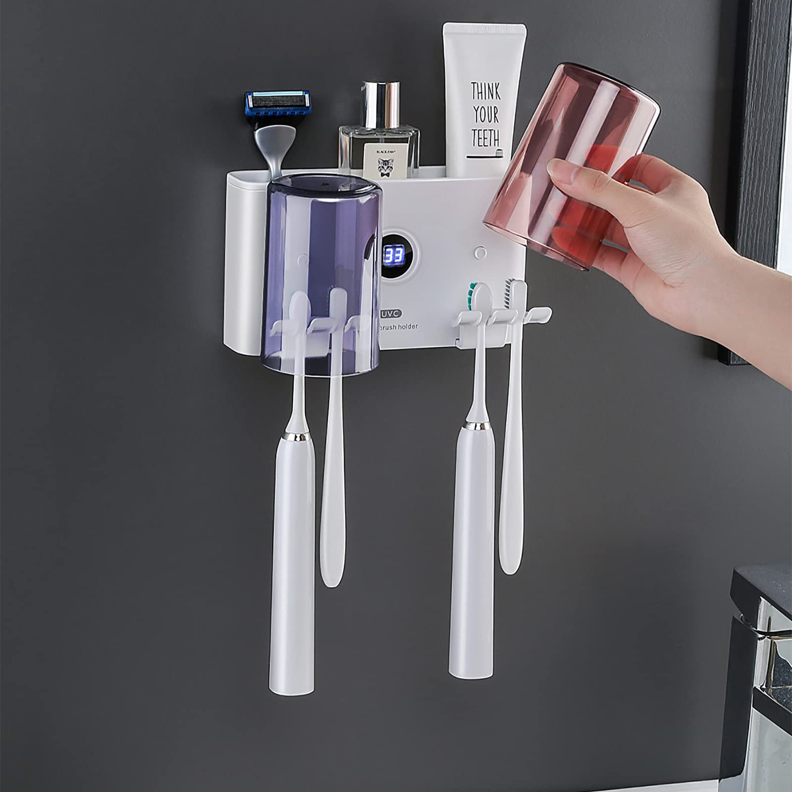 Porta Cepillo de Dientes, Soporte Cepillo de Dientes con Función Esterilizador, LED Estuche Cepillo Dientes con 4 Ranuras para Cepillos, Organizador Baño USB Recargable Blanco
